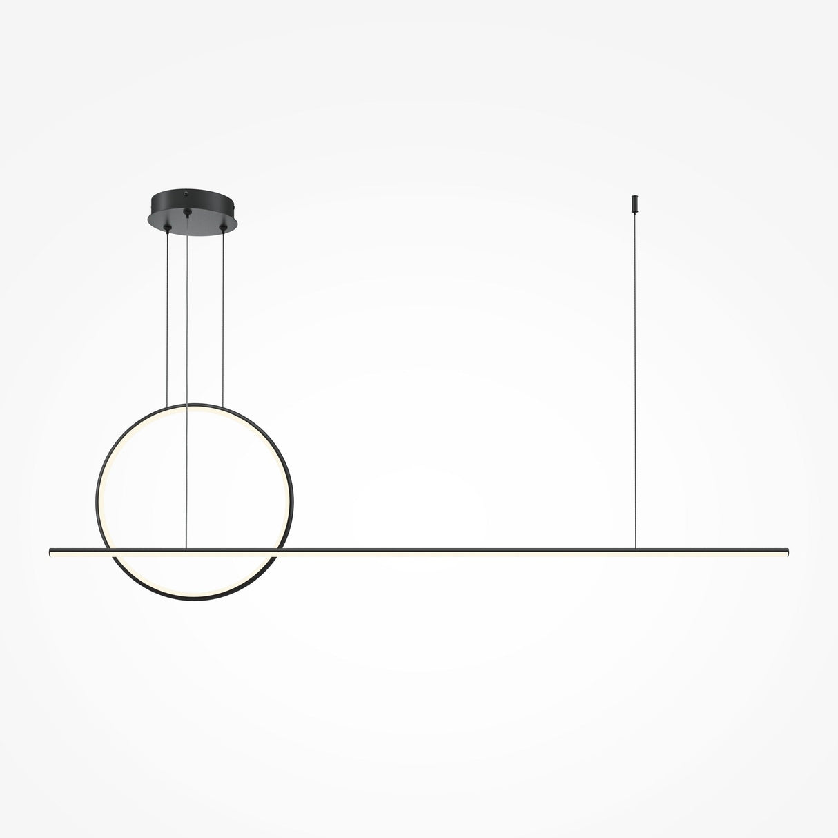 The Halo Dimmable LED Linear Circle Suspension Light in black features a modern, geometric design with a circular ring and intersecting horizontal line. It hangs with thin cables from a small round base, against a white background. Its adjustable height allows versatile placement from 3000-4000K.