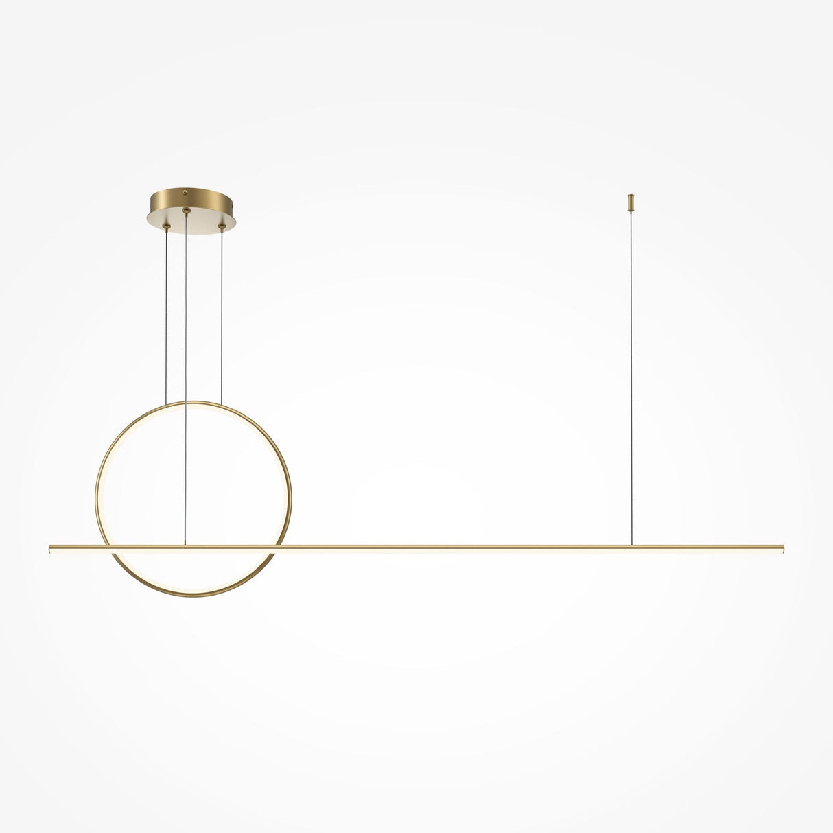 The Halo Dimmable LED Linear Circle Suspension Light 2600-3500K in Brass blends minimalist elegance with modern geometry. Featuring a brass circle and horizontal bar, it hangs gracefully by slim wires, making it a stylish centerpiece against any white backdrop.