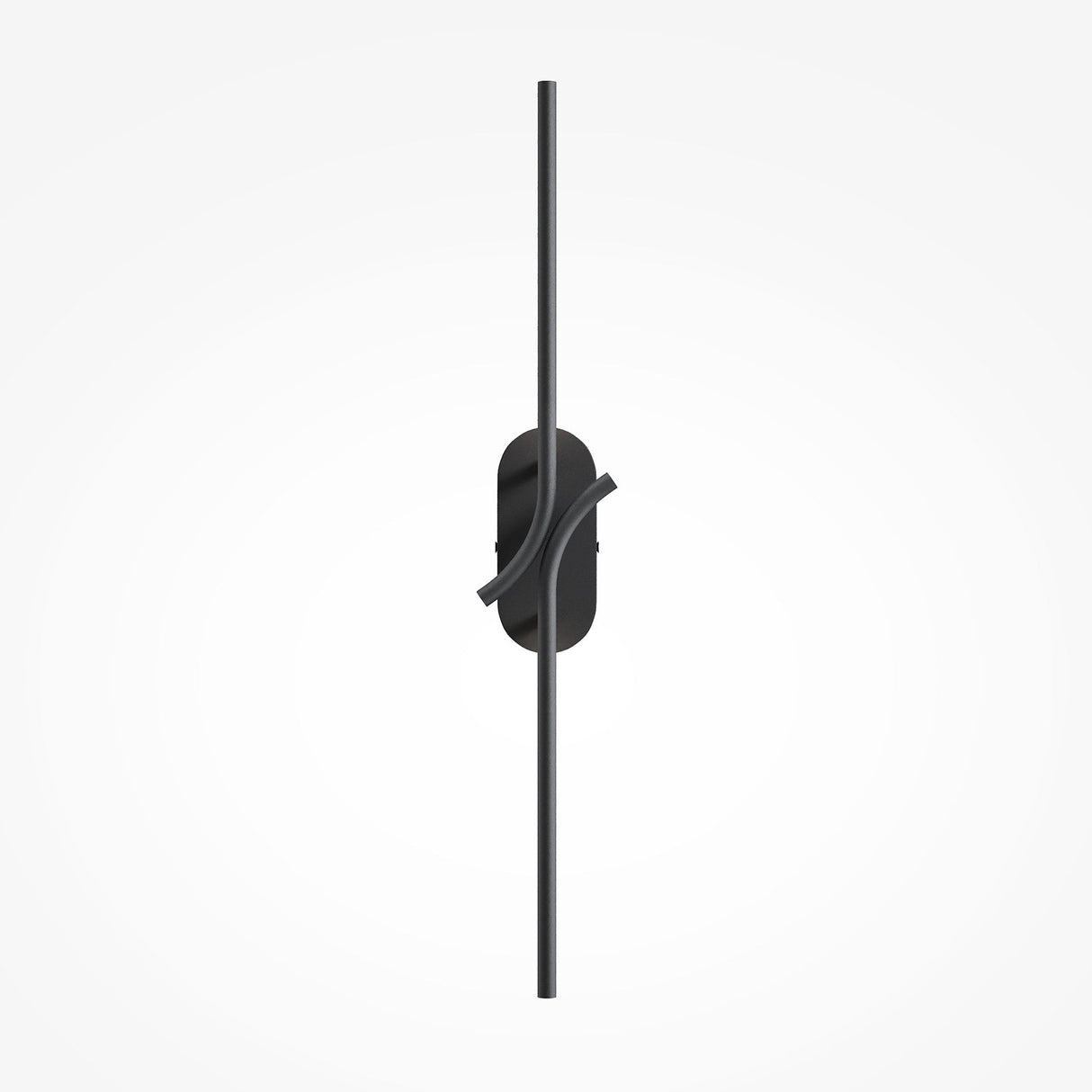 The Renaissance LED Wall Light - Black features a sleek, minimalist design with a sophisticated black finish. Two thin elements emerge from the center, creating a contemporary look against a plain, light background.