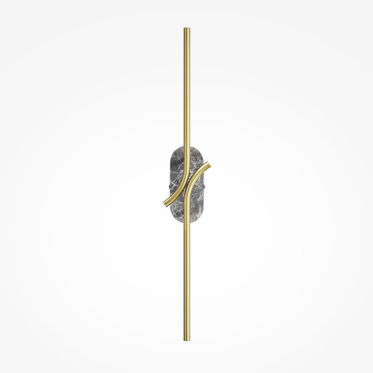The Renaissance LED Wall Light combines a vertical brass rod and curved accents intersecting a textured grey marble circle, all set against a plain light gray background.