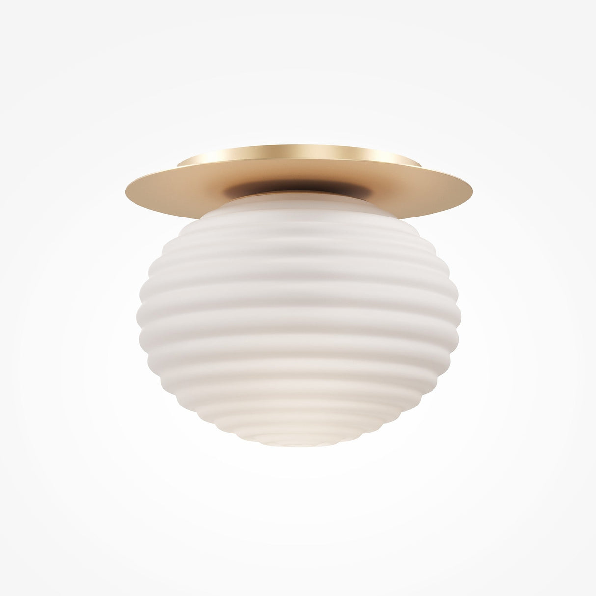 The Reels Ceiling Light - Gold With Ribbed White Glass boasts an elegant spherical design, creating a stunning flush mount fixture that adds a touch of sophistication.