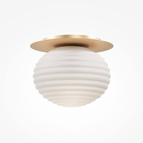 The Reels Ceiling Light - Gold With Ribbed White Glass boasts an elegant spherical design, creating a stunning flush mount fixture that adds a touch of sophistication.