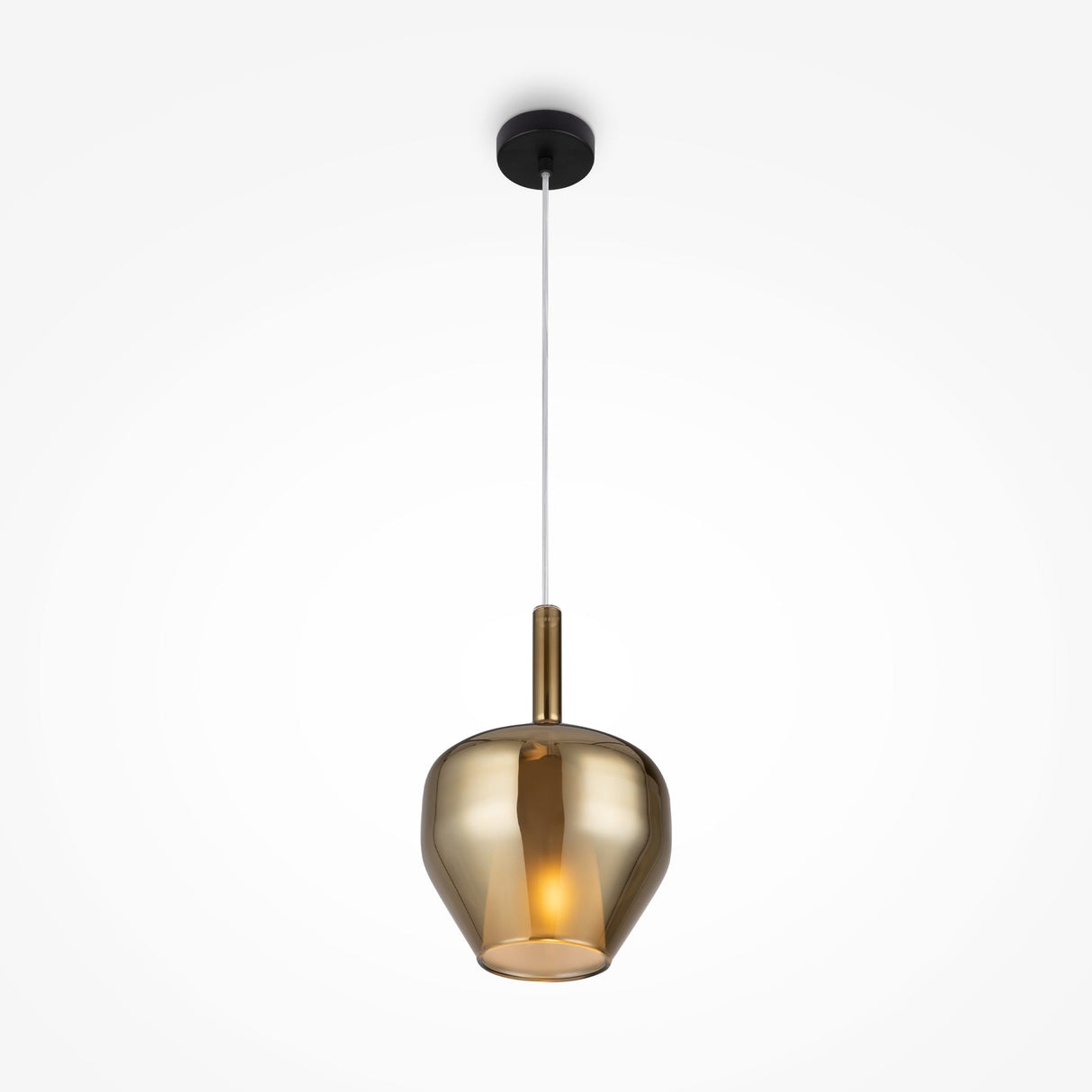 The Duality Round Pendant Light features a black ceiling mount, a sleek brass top transforming into a rounded mirrored gold glass shade that casts a warm glow. Its design embodies modern industrial style with a contrasting white cord and glossy finish, ideal for white ceilings.
