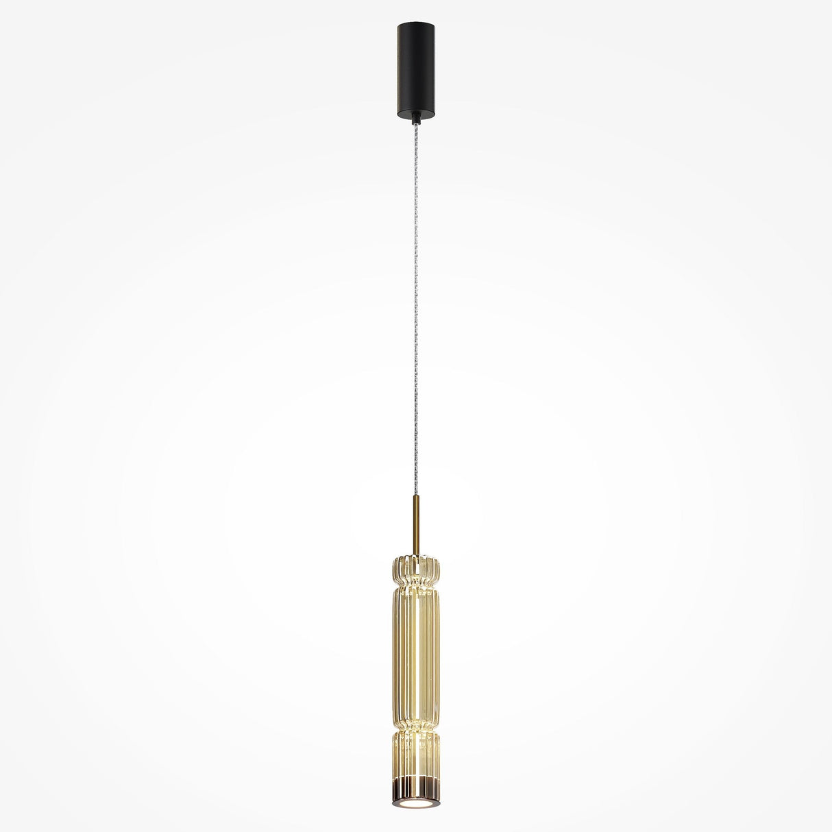 The Ordo LED Short Pendant Light features a black ceiling fixture with ribbed, translucent cognac cylindrical glass and is suspended by a thin cord against a plain white background.