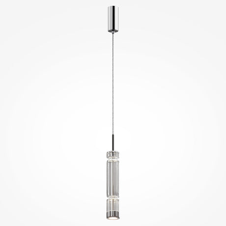The Ordo LED Short Pendant Light, featuring a sleek chrome finish and a vertically ridged clear cylindrical glass shade, elegantly hangs from the ceiling. A thin wire suspends it from a round ceiling mount, showcasing its modern design.