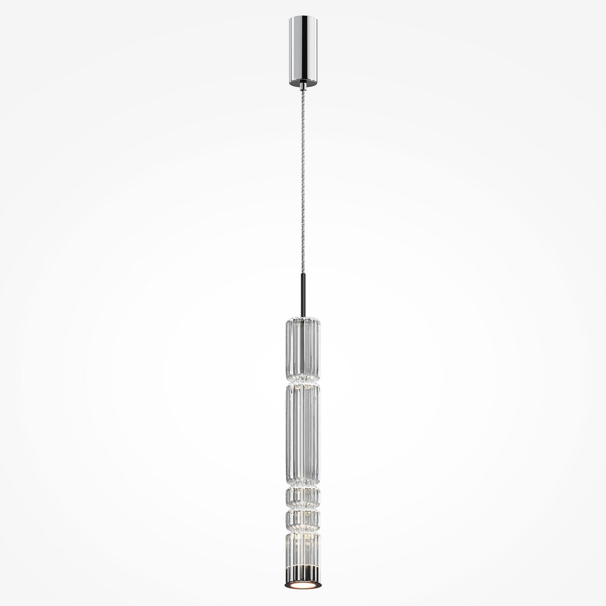 The Ordo LED Long Pendant Light in chrome and clear cylindrical glass exudes modern elegance. Its sleek metallic design features a central bulb suspended by a thin cord, creating a striking statement against the plain white background.