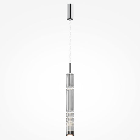 The Ordo LED Long Pendant Light in chrome and clear cylindrical glass exudes modern elegance. Its sleek metallic design features a central bulb suspended by a thin cord, creating a striking statement against the plain white background.