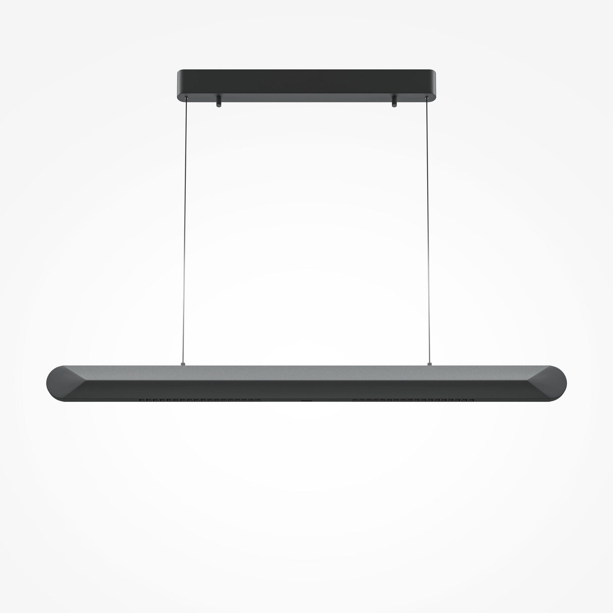 The Motion LED Dimmable Linear Suspension Light in black features a sleek design, hanging from a rectangular ceiling mount by two thin cables, providing energy-efficient lighting against a white background.