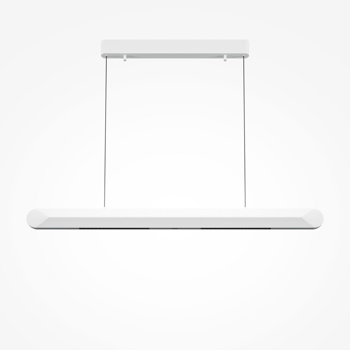 The Motion LED Dimmable Linear Suspension Light - White features a minimalist rectangular shape, suspended by thin cords, combining sleek modern design with LED technology for an elegant touch.