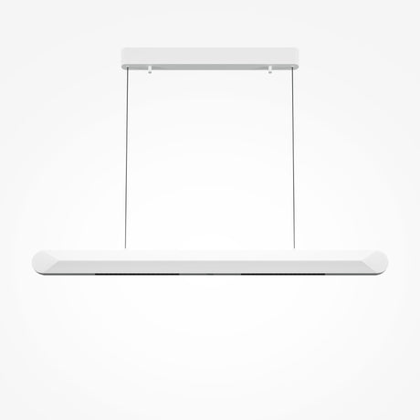 The Motion LED Dimmable Linear Suspension Light - White features a minimalist rectangular shape, suspended by thin cords, combining sleek modern design with LED technology for an elegant touch.