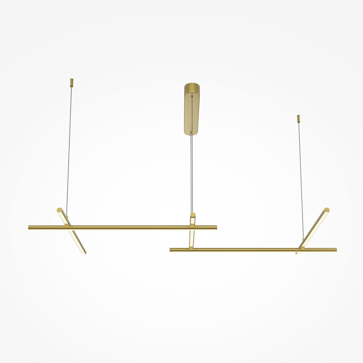 The Radiance LED Long Suspension Light - Gold is a modern chandelier with two horizontal bars, suspended by thin cables. This energy-efficient fixture boasts a minimalist design, featuring subtle details that enhance its contemporary style against any plain background.