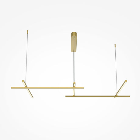 The Radiance LED Long Suspension Light - Gold is a modern chandelier with two horizontal bars, suspended by thin cables. This energy-efficient fixture boasts a minimalist design, featuring subtle details that enhance its contemporary style against any plain background.