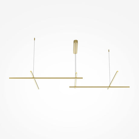 The Radiance LED Extra Long Suspension Light - Gold, a modern pendant fixture with two horizontal bars and thin vertical wires, features a minimalist design that blends sleek linear elements with energy-efficient illumination for an elegant touch. It is set against a plain white background.
