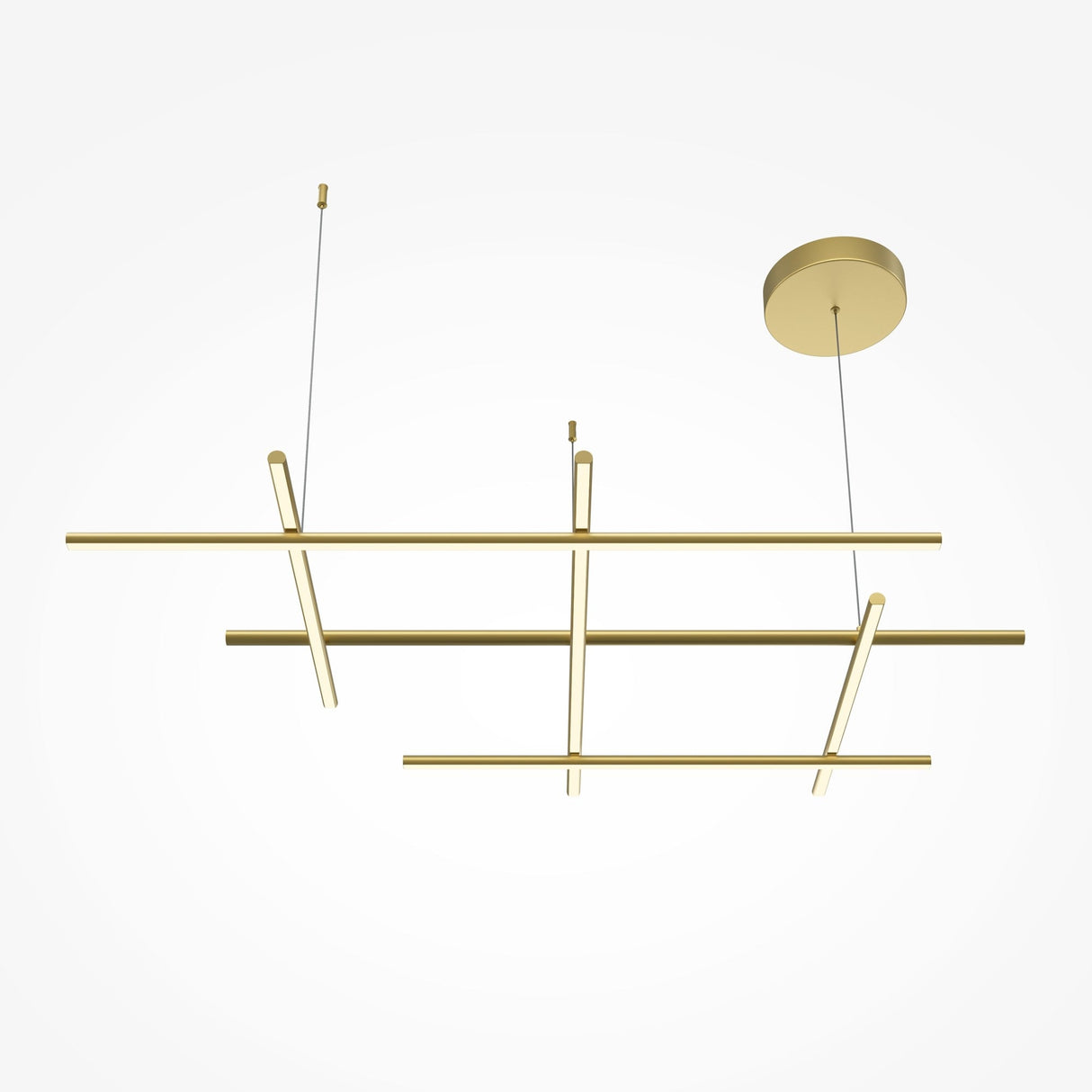 The Radiance LED Suspension Light - Gold features a geometric design with intersecting rods, suspended from a circular ceiling mount. It combines contemporary style with satin brass elegance, showcasing sleek metallic elements against a white backdrop.