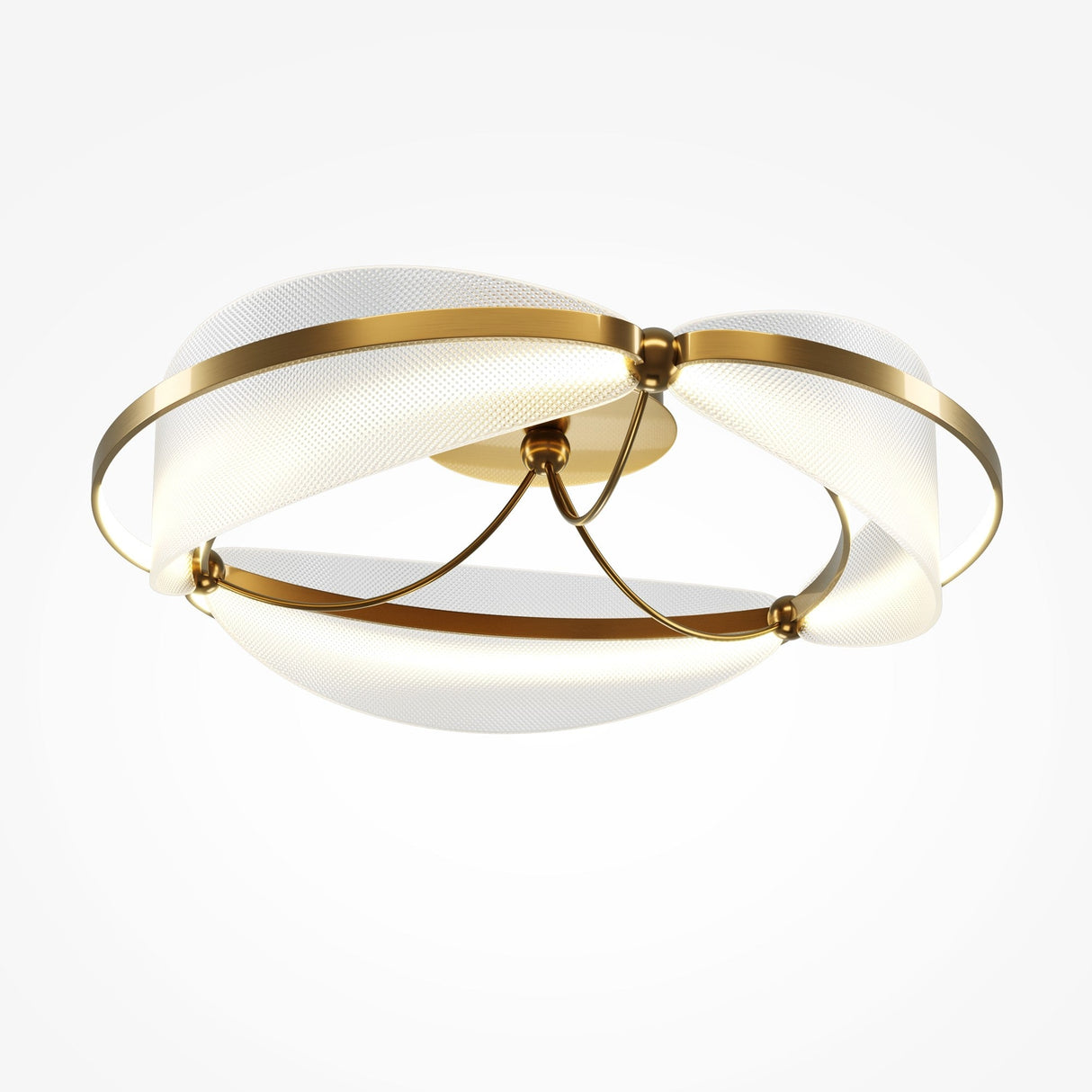 The Breeze LED Ceiling Light combines intertwining metallic and translucent design elements, featuring a circular base with graceful curves, elegant gold metal accents, and frosted glass for a sleek appearance.