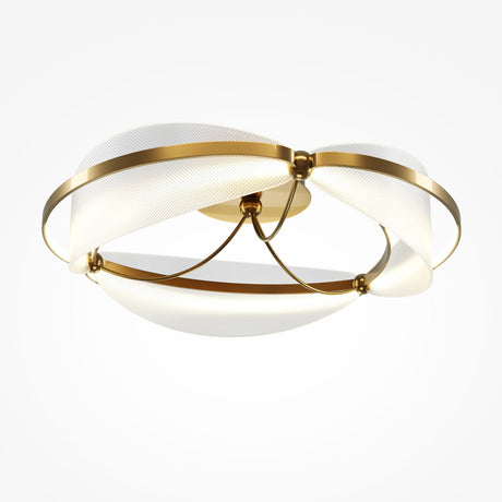 The Breeze LED Ceiling Light combines intertwining metallic and translucent design elements, featuring a circular base with graceful curves, elegant gold metal accents, and frosted glass for a sleek appearance.