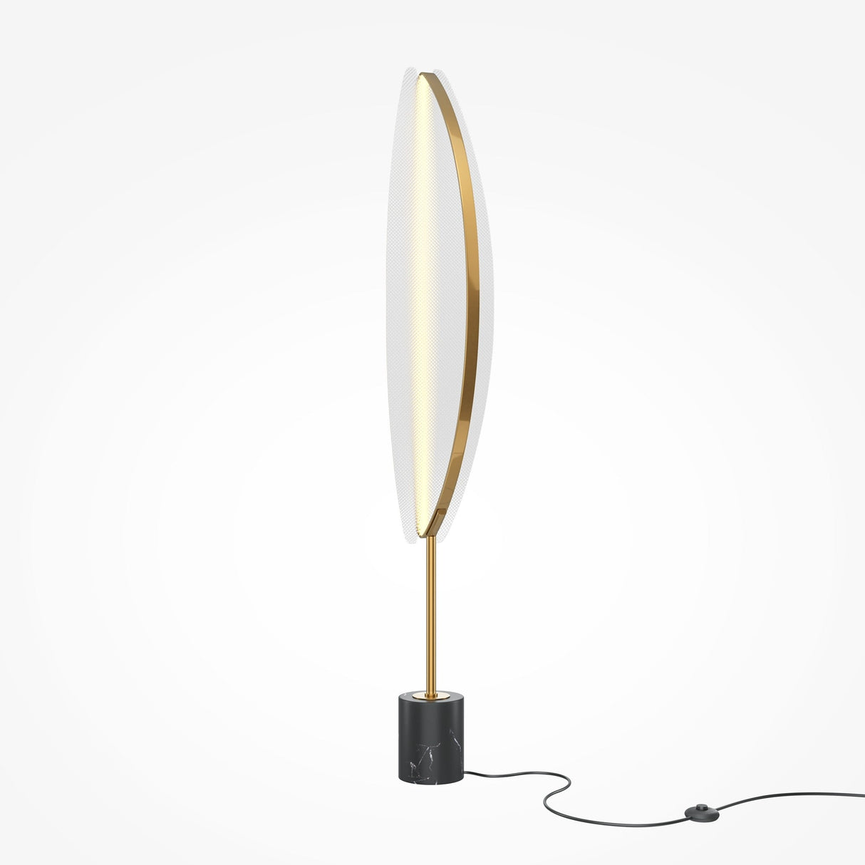 The Breeze LED Floor Lamp - Brass features a slim, oval-shaped LED light fixture for energy-efficient lighting. Its mounted on a sleek brass stand with a cylindrical black marble base, and it includes a black power cord and switch nearby.