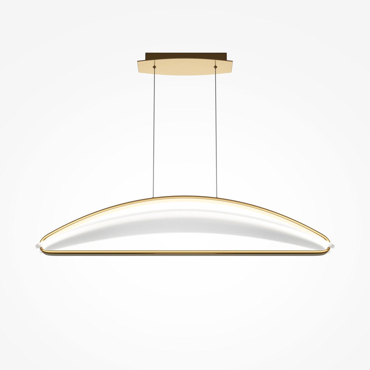 The Breeze LED Suspension Light - Brass features a sleek, curved design with a brass frame, suspended by two thin cables from a rectangular gold ceiling mount. Its energy-efficient glow softly enhances any space, creating an elegant look against a white background.