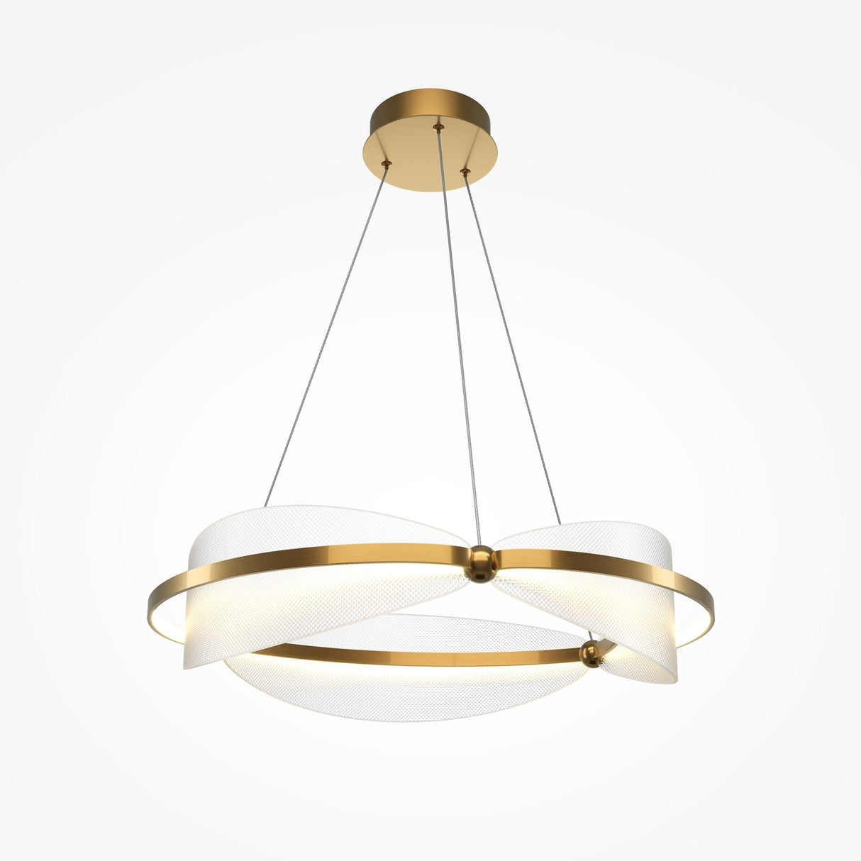 The Breeze LED Circular Suspension Light - Brass features a circular frame with curved frosted glass panels, suspended by four thin rods. Its energy-efficient design casts a soft light, enhancing its elegant and contemporary look against light backgrounds.