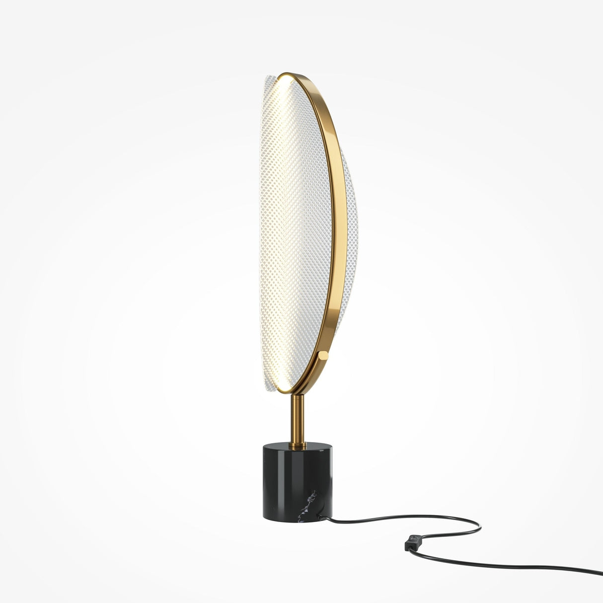 Introducing the Breeze LED Table Lamp - Brass, offering energy-efficient lighting with a slim oval design. It has a brass-finish frame around a white mesh shade mounted on a sleek black cylindrical base, completed by a discreet black power cord against a plain white background.