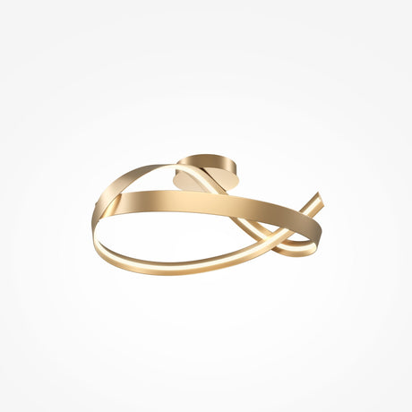 The Plons LED Ceiling Semi-Flush Light in gold features an abstract design of intertwined loops and curves, offering an elegant finish against a light gray background.
