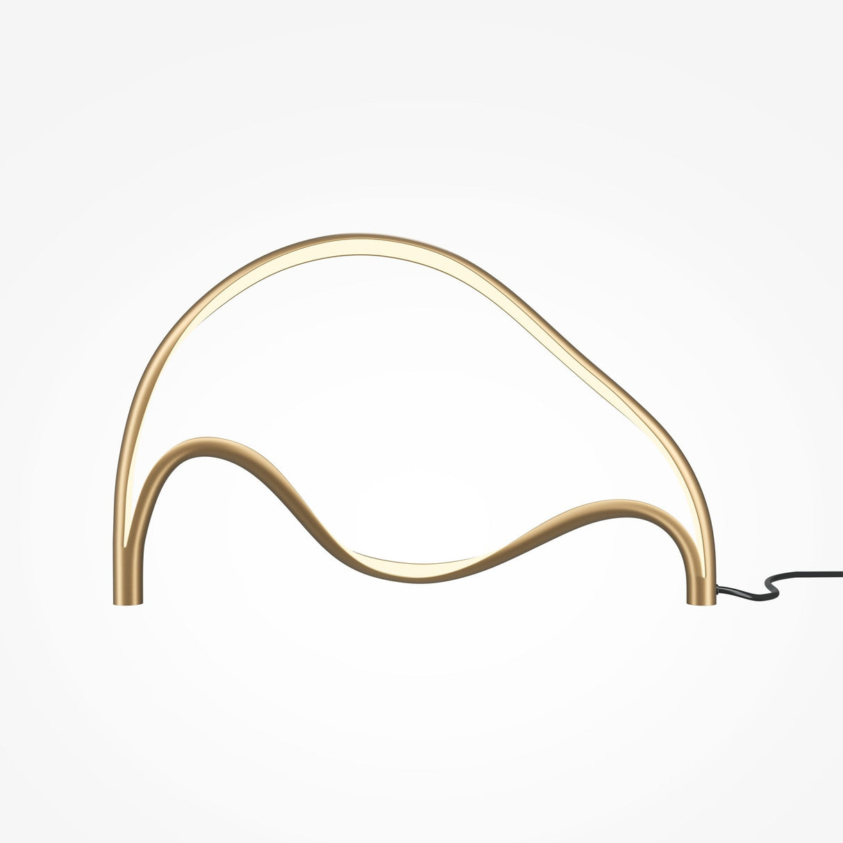 The Plons LED Table Lamp features a sleek, abstract design with a gold, curvy arch and wave shape. Crafted from brass, it includes a black power cord on the right and provides energy-efficient lighting against a plain white background.