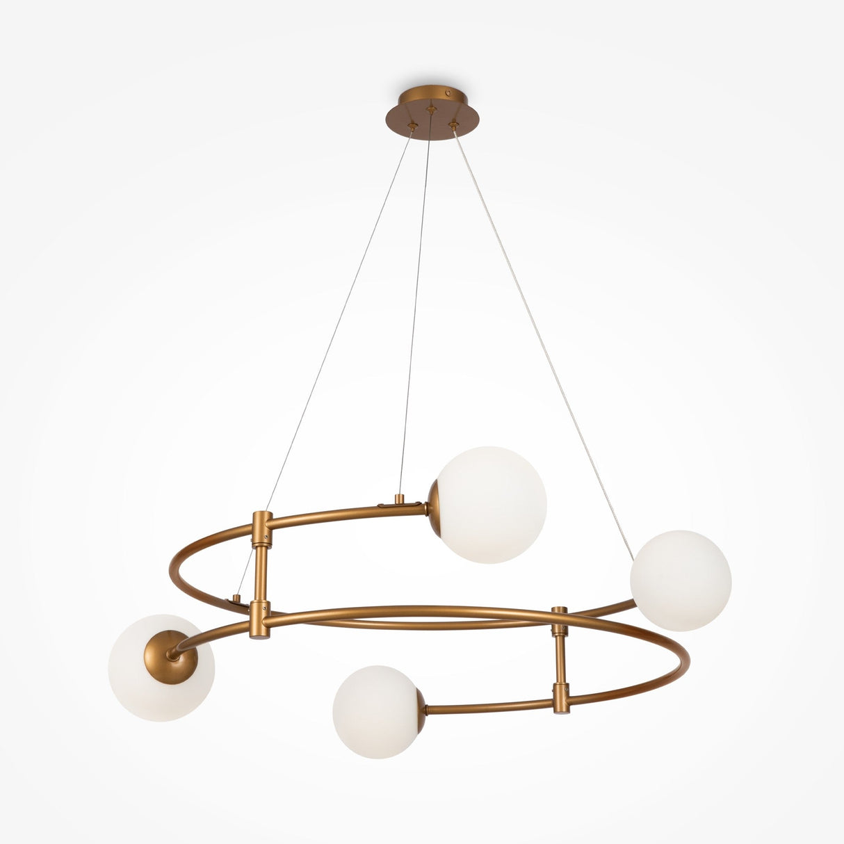 The Balance 4 Light Suspension is a minimalist chandelier with two concentric gold rings featuring four opal globe pendants. This modern luxury lighting fixture is suspended by three thin cables, set against a plain white background.