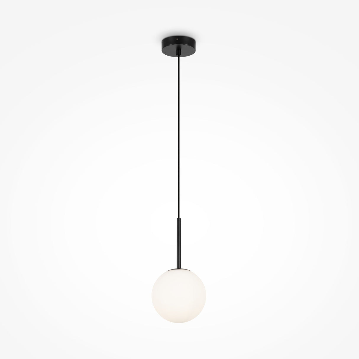 The Basic Form Globe Pendant Light (15cm) features a modern design with a black cord and circular base, and includes a frosted white glass shade with a spherical bulb, all set against a plain white background.