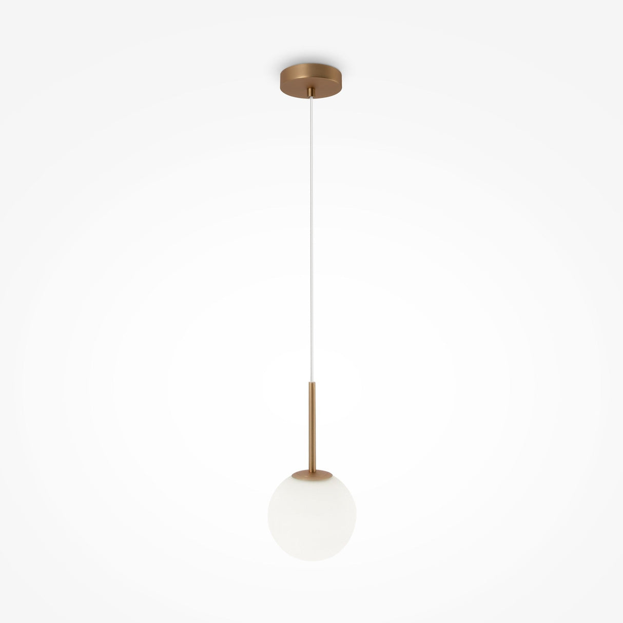 The Basic Form Globe Pendant Light features a frosted white 15cm glass sphere suspended from a thin cord attached to a circular brass ceiling mount and rod, perfect for modern interiors on a plain white background that accentuates its minimalist design.