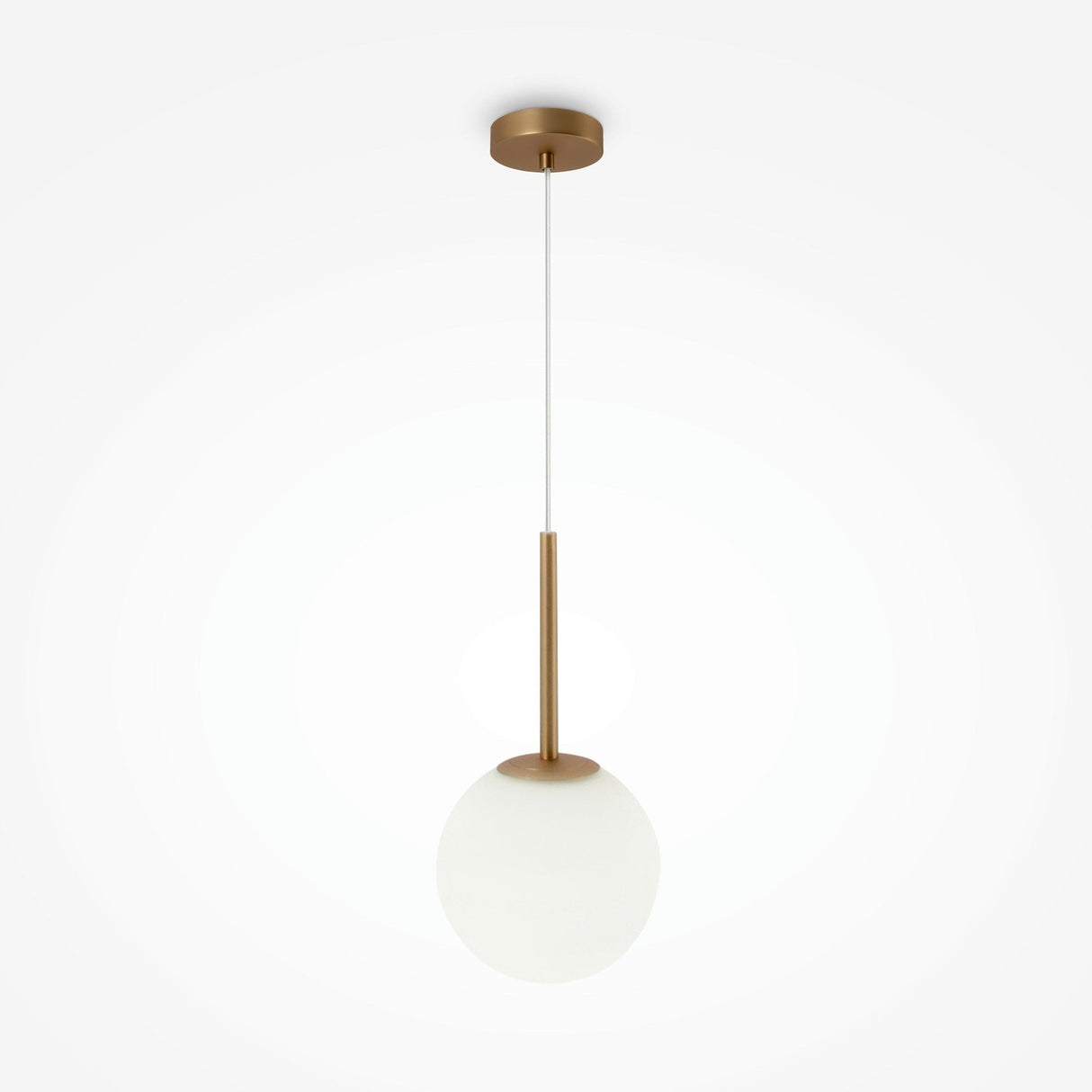 The Basic Form Globe Pendant Light 20cm features a modern design with a gold finish and frosted white glass globe, suspended from an adjustable rod and mounted on a circular ceiling fixture for an elegant touch.