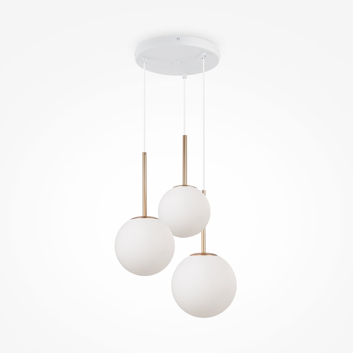 The Basic form 3 Light Cluster Pendant features three sleek globe lamps suspended by gold-accented rods from a white circular ceiling mount, perfect for minimalist interiors.