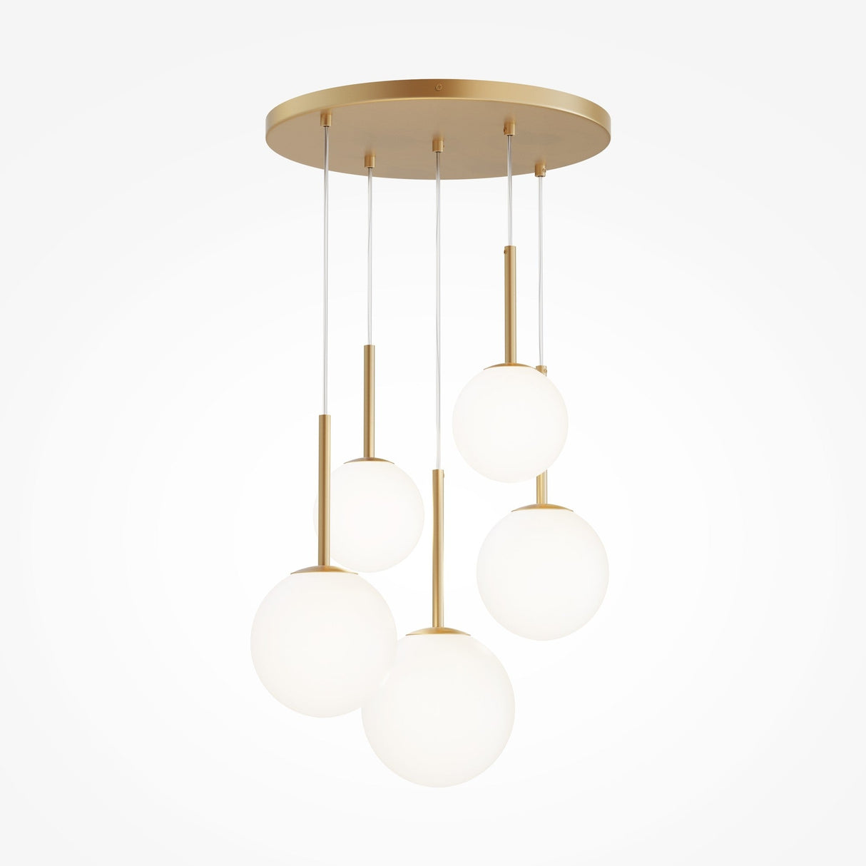 The Basic Form 5 Light Cluster Pendant features a gold base and five opal glass globes. These spherical bulbs hang at varying lengths, creating an artistic and elegant modern design.