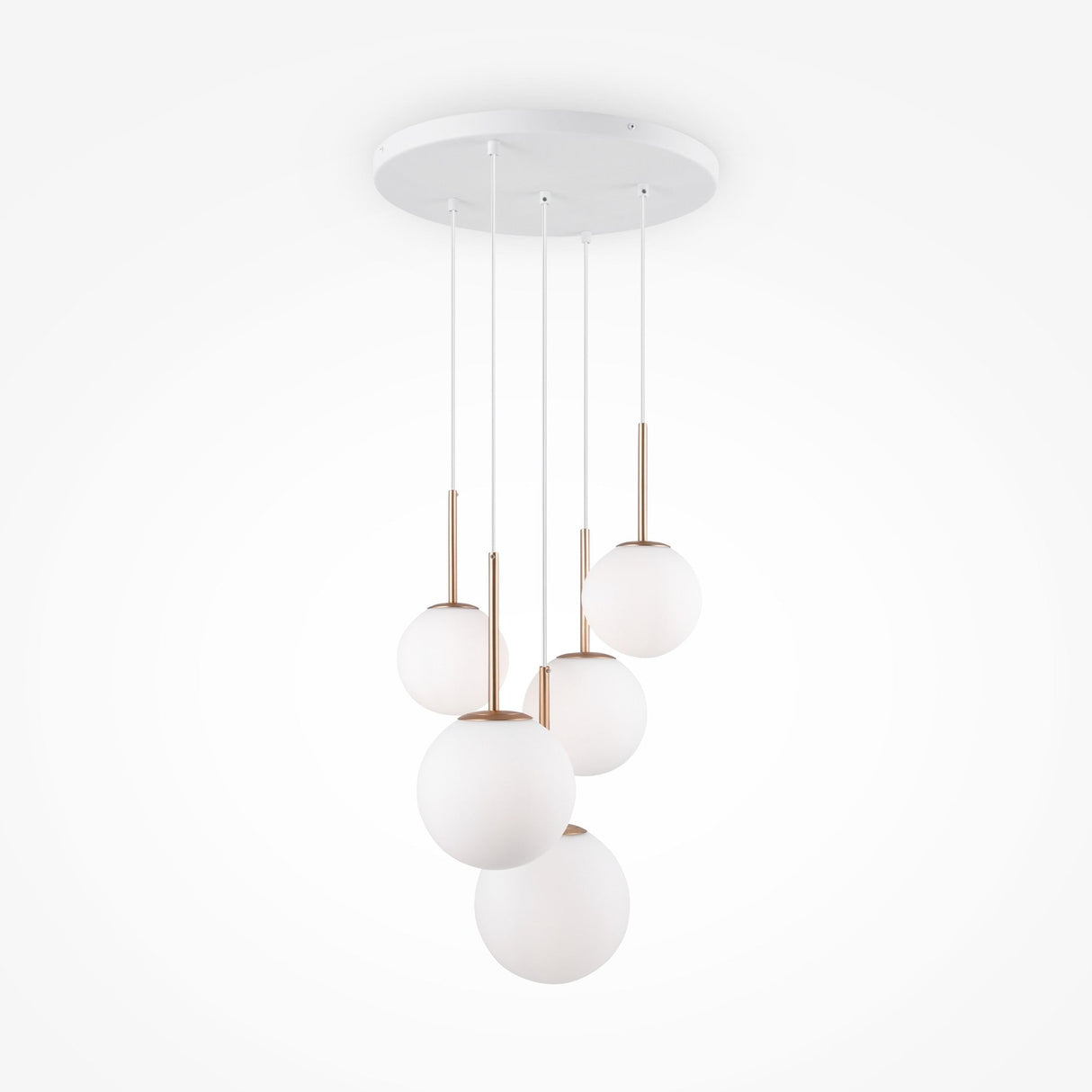 The Basic Form 5 Light Cluster Pendant in white & gold features frosted opal glass globes suspended at varying heights from a circular white base, with slender gold accents creating an elegant and contemporary design.