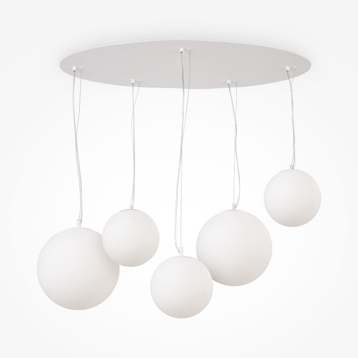 The Basic form 5 Light Plate Cluster Pendant - White has five frosted opal glass globes hanging at varying lengths from a circular white base, creating an artistic and minimalist lighting solution.