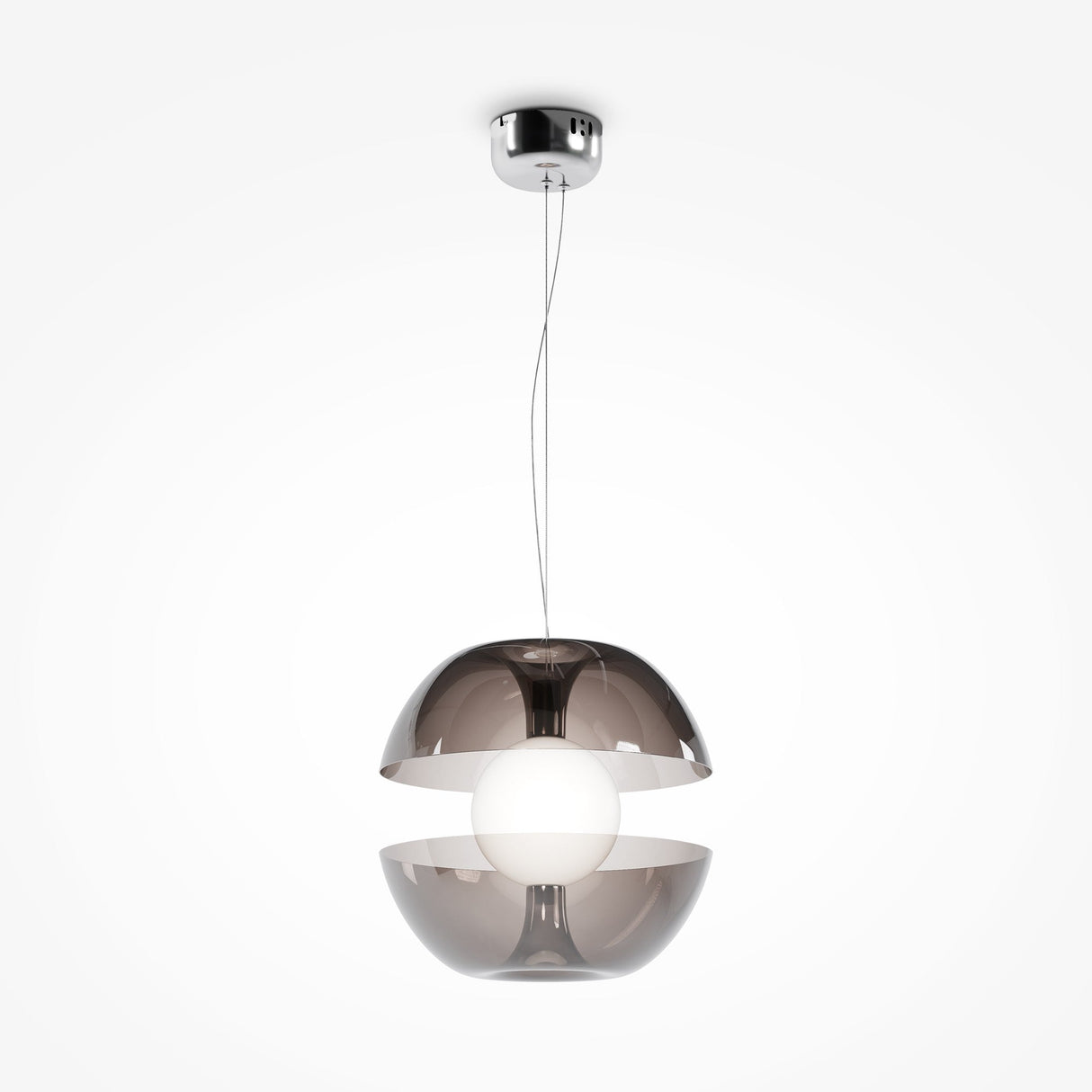 The Rebel LED Glass Pendant Light - Chrome is a modern fixture with a central white globe bulb, encased by two metallic semi-spherical shades, suspended by a thin cable from a chrome ceiling mount, adding elegance to any space.