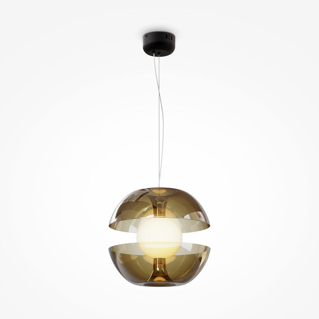 The Rebel LED Glass Pendant Light - Gold features a modern sphere design with golden translucent hemispheres and a central opaque white globe. It includes an energy-efficient LED light source, elegantly suspended from a thin wire against a plain white background.