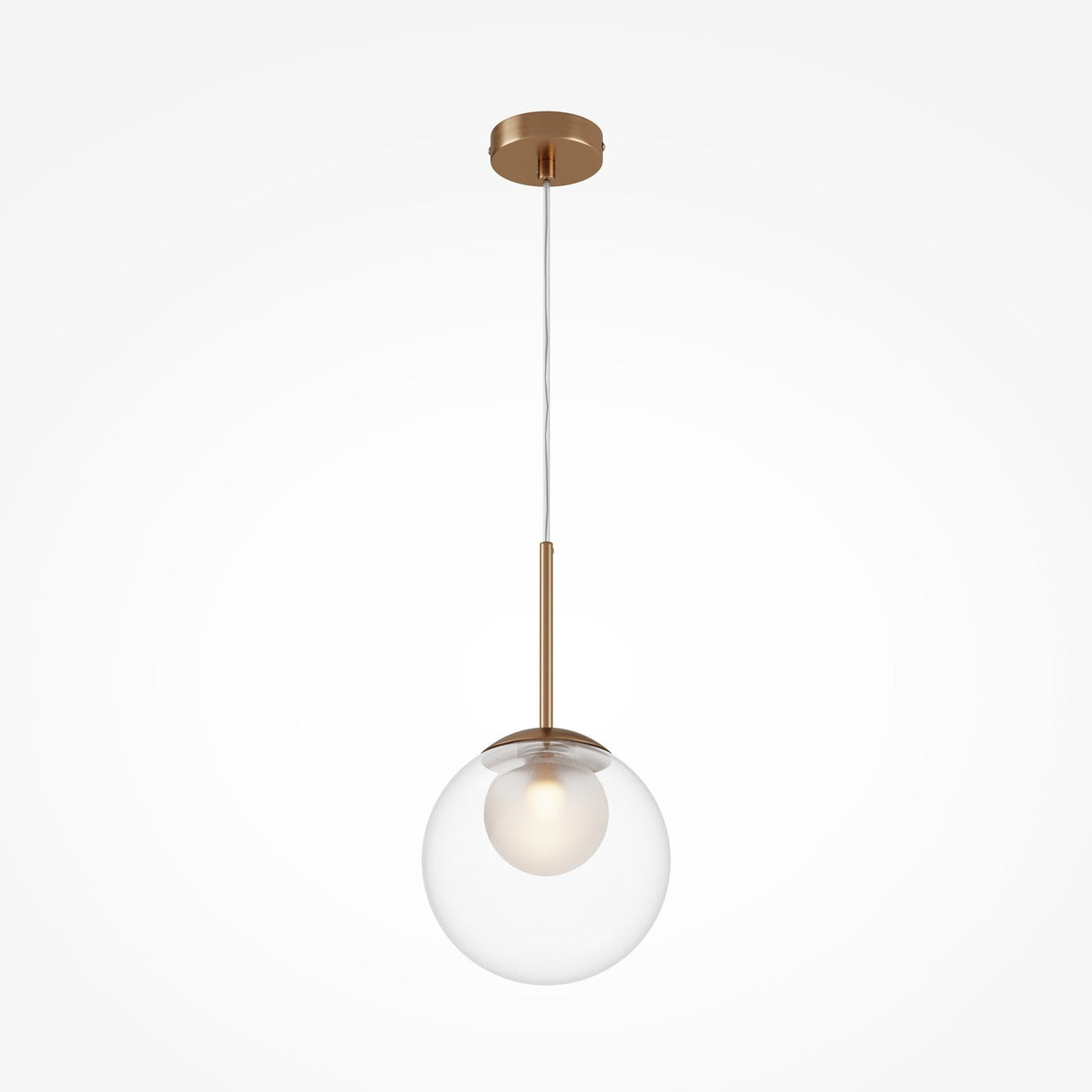 The Basic Form Globe Pendant Light 20cm in gold combines modern elegance with frosted and clear spherical glass, showcasing a visible bulb. Its suspended from the ceiling by a thin adjustable rod, perfect for versatile lighting against a plain white background.