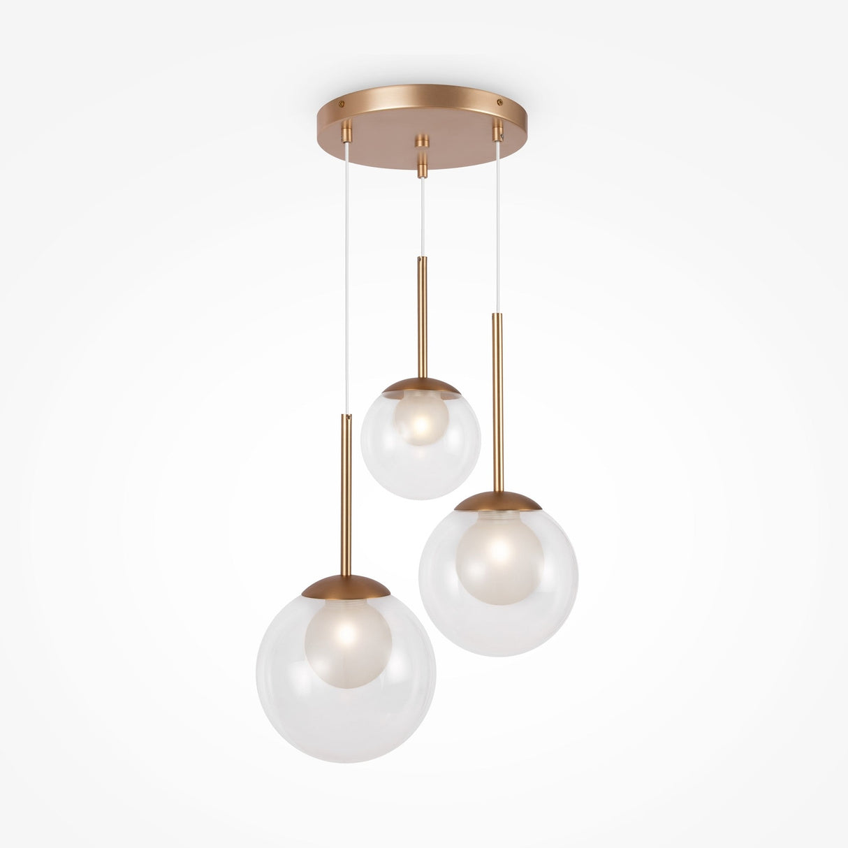 The Basic form 3 Light Cluster Pendant - Gold with Clear Opal Glass exudes modern elegance with its round gold base and three hanging glass spheres, each housing a gold rod and bulb at varied lengths. Its minimalist design is striking on a white background.
