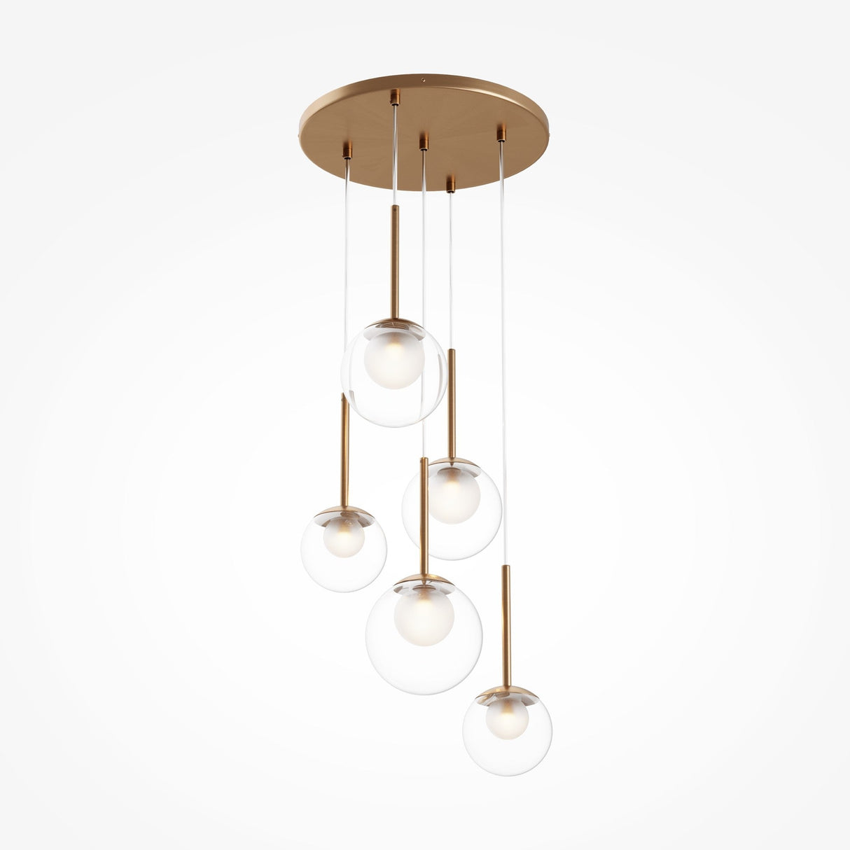 The Basic Form 5 Light Cluster Pendant features a gold base with five clear opal glass globes, each suspended by a thin rod, emitting a warm glow and offering an elegant contemporary look against a plain white background.