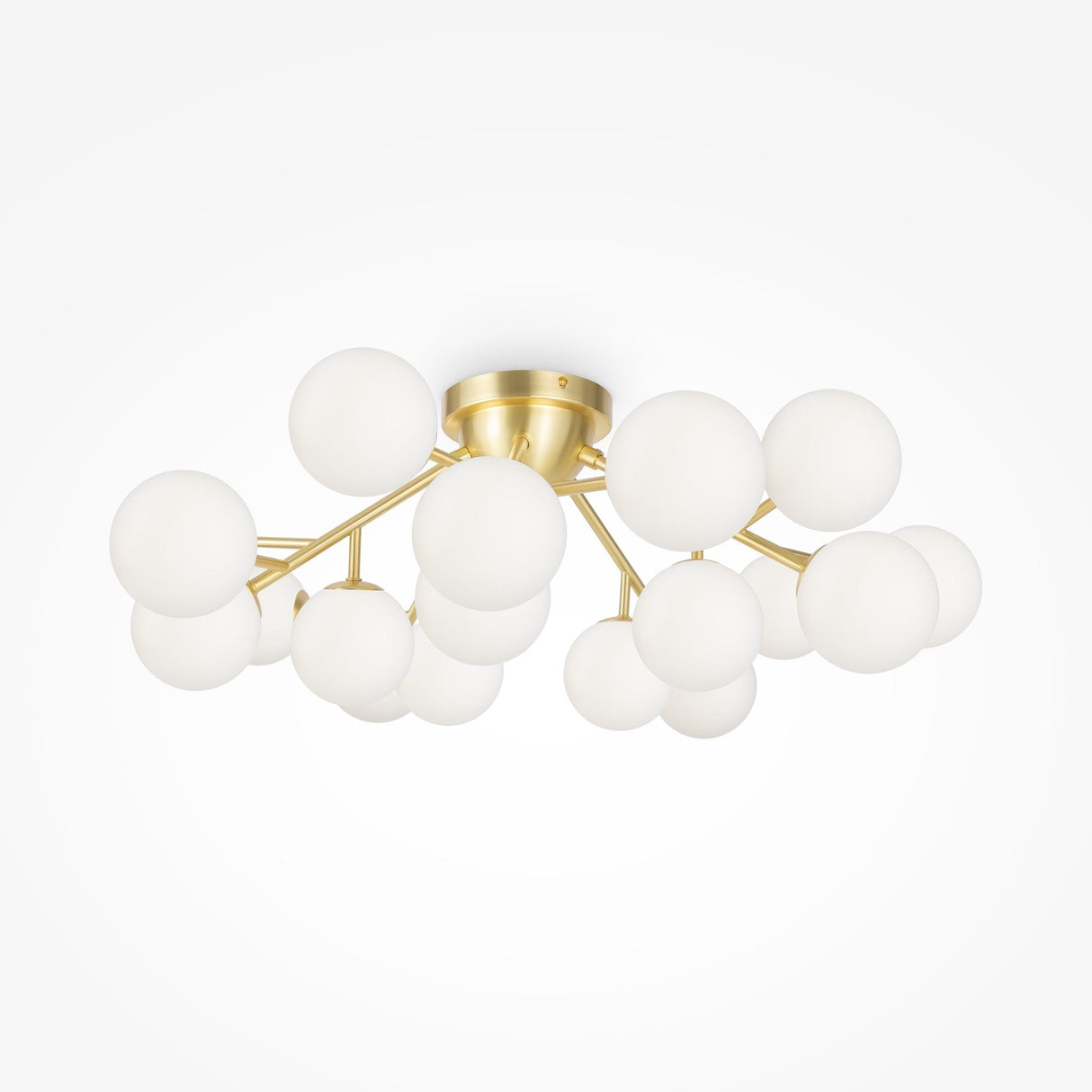 Enjoy contemporary elegance with the Dallas 20 Light Semi-Flush - Brass With White Glass chandelier. It features multiple spherical lights branching from a central base, creating a dazzling orb cluster effect.