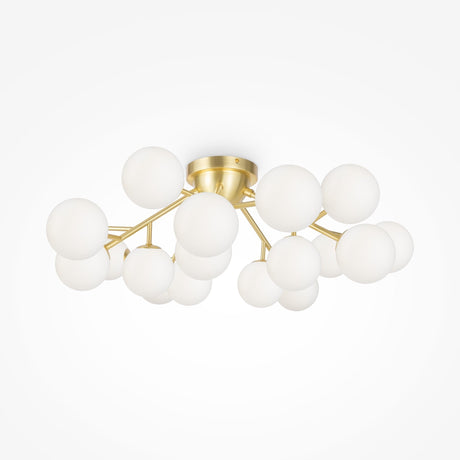 Enjoy contemporary elegance with the Dallas 20 Light Semi-Flush - Brass With White Glass chandelier. It features multiple spherical lights branching from a central base, creating a dazzling orb cluster effect.
