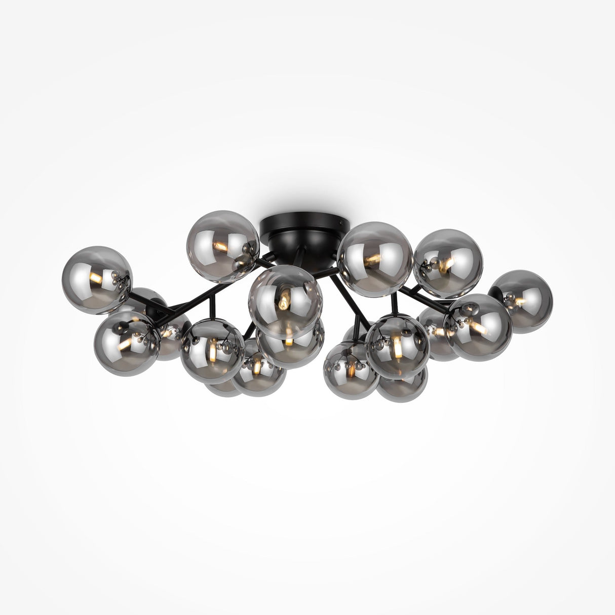 The Dallas 20 Light Semi-Flush features multiple black arms each with a smoked glass globe, arranged in a cluster for contemporary lighting. Its sleek black semi-flush mount enhances the fixtures elegant and modern aesthetic.
