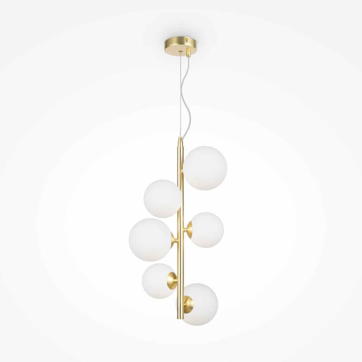 The Dallas 6 Light Drop Suspension features a modern chandelier design with a gold frame and six white glass spheres, arranged vertically in a sleek, minimalist style.