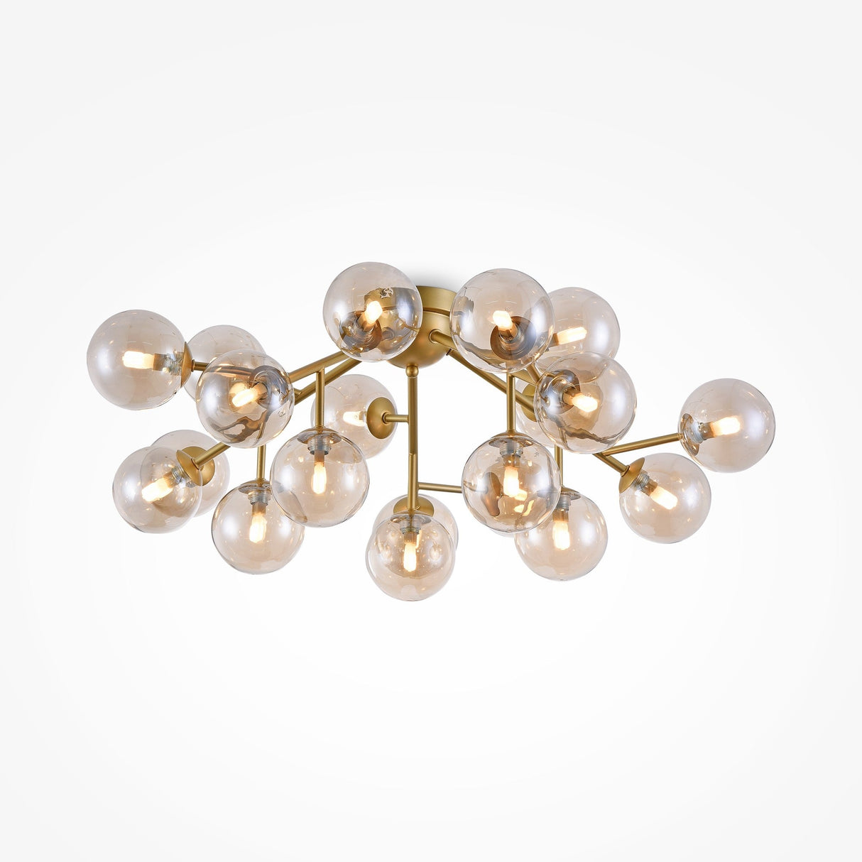 The Dallas 20 Light Semi-Flush features amber glass bulbs in a branching design with a gold frame, creating a warm and stylish ambiance with its semi-transparent showcase of lit filaments.