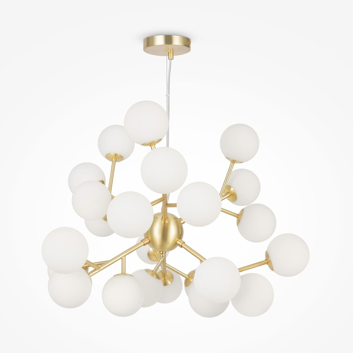 The Dallas 24 Light Chandelier - Gold With White Glass boasts a modern geometric design with gold-finished branches and white glass spheres. Hanging from a gold circular ceiling mount, it adds contemporary and artistic flair to any space.