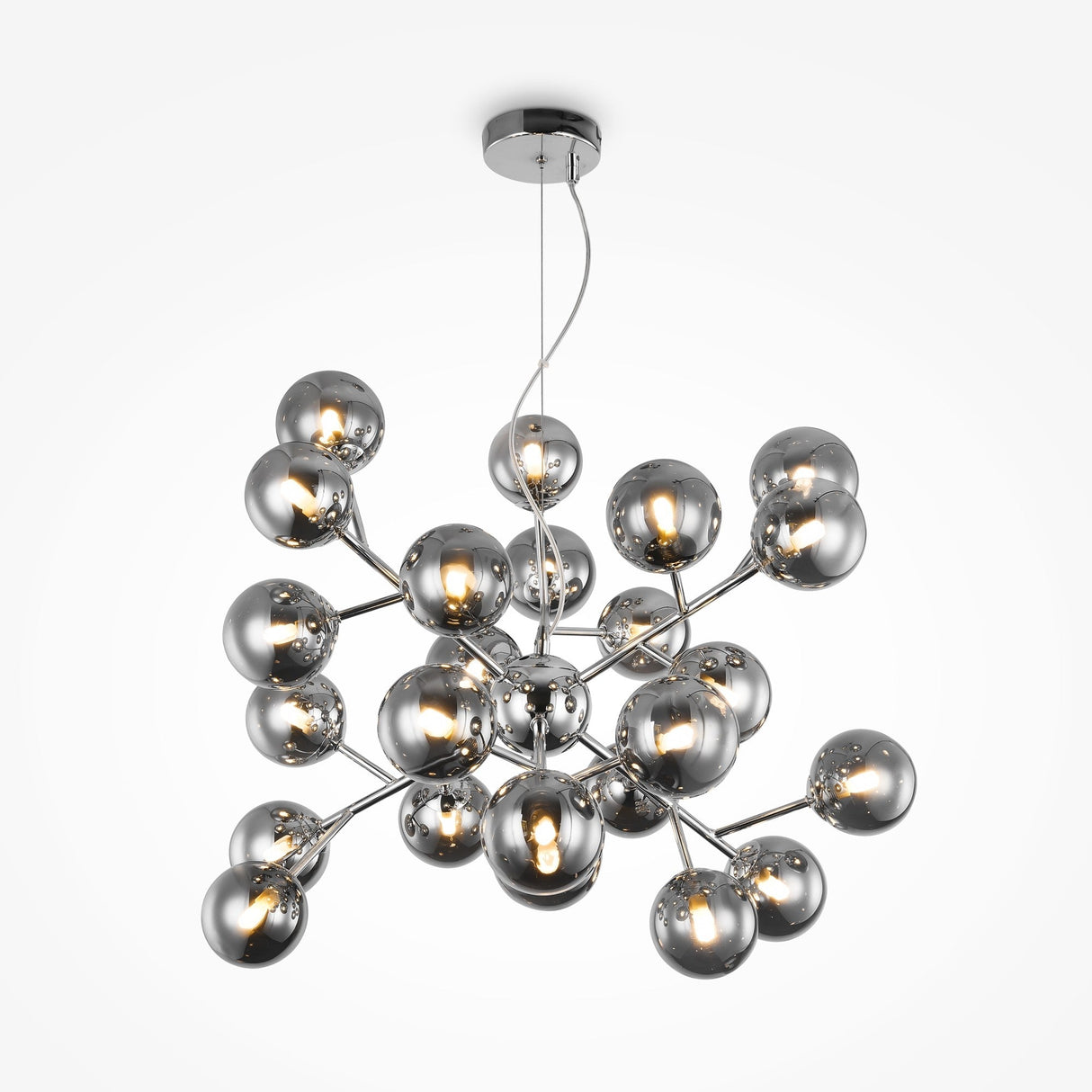 The Dallas 24 Light Chandelier - Chrome With Smoky Glass features spherical smoky glass bulbs, some lit, suspended from a thin wire with a circular base. Its chrome design elegantly mimics a molecular structure.