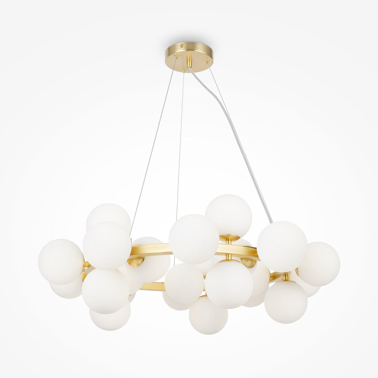 Introducing the Dallas 25 Light Suspension - Gold With White Shade, a masterpiece of modern elegance featuring globe-shaped lights in a circular pattern, elegantly framed in gold and suspended beautifully by wires.