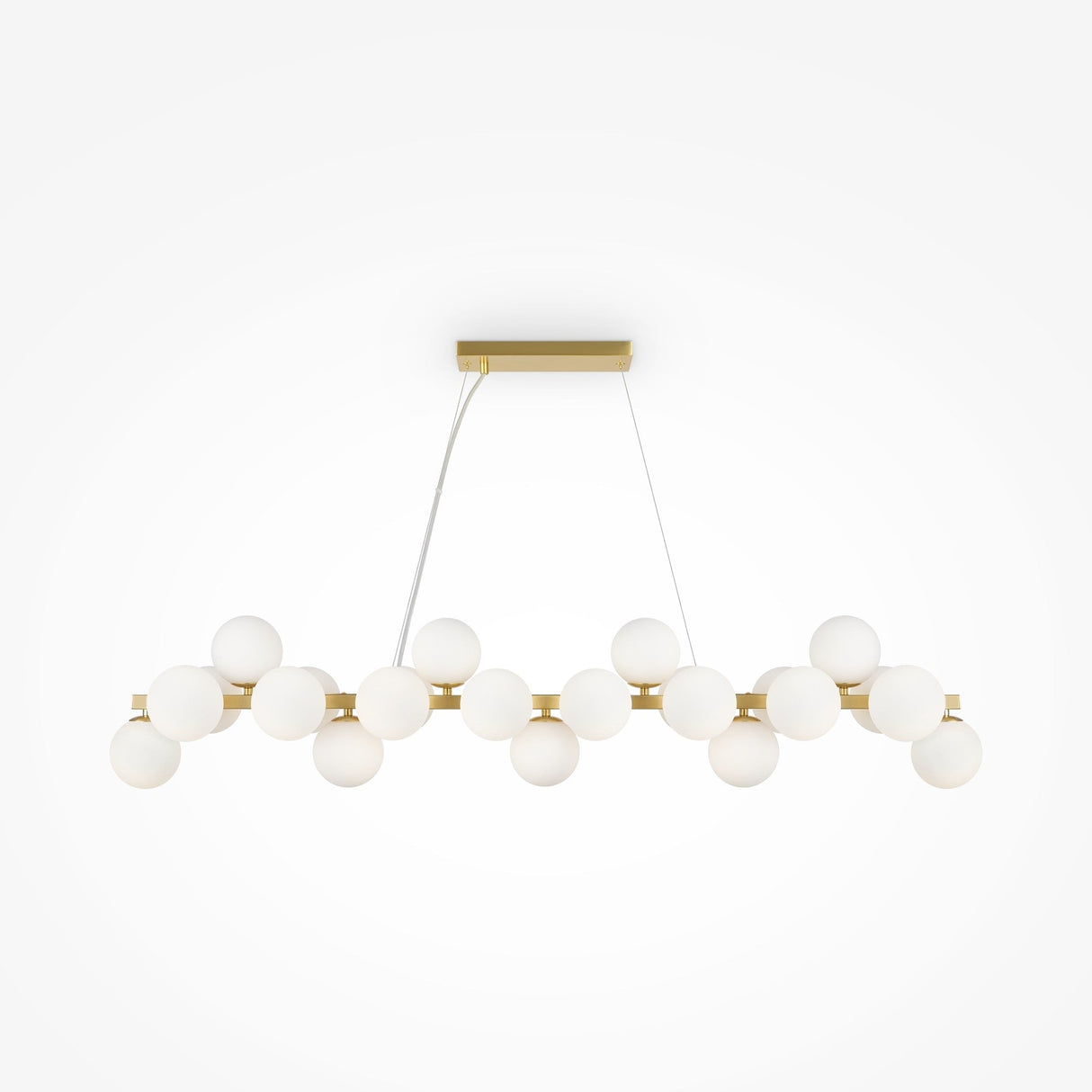 The Dallas 25 Light Linear Suspension showcases modern lighting with white glass globes meticulously aligned on a gold fixture, elegantly suspended from a rectangular ceiling mount.