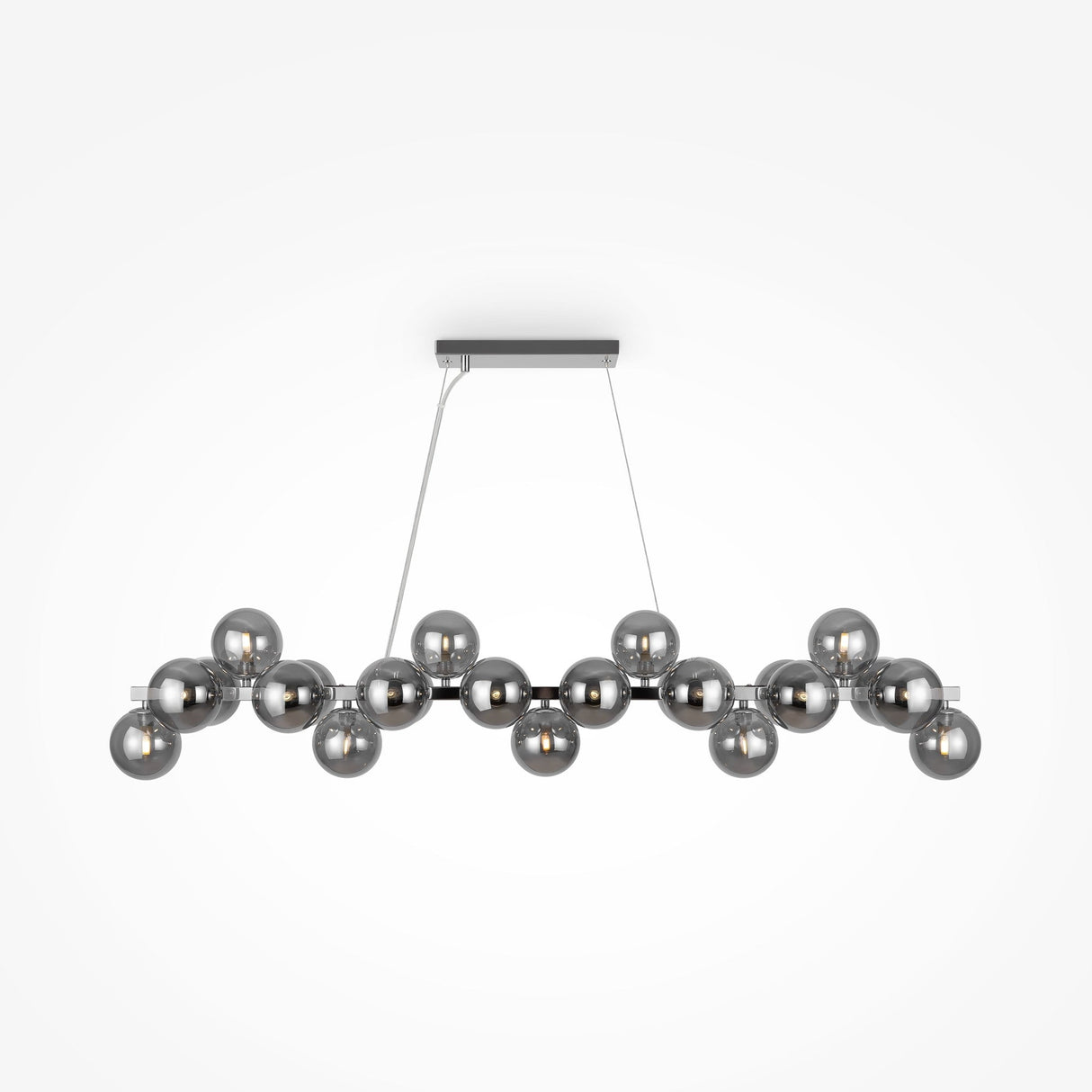 The Dallas 25 Light Linear Suspension features a rectangular black base with multiple chrome bulbs, elegantly arranged in a contemporary, stylish fashion using smoked glass.