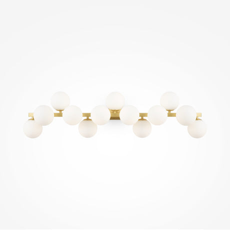 The Dallas 13 Light Wall Light - Brass With White Glass features a minimalist design with a brass horizontal bar and sixteen round white opal glass bulbs arranged in two rows, enhancing any space with its elegant brass fittings.